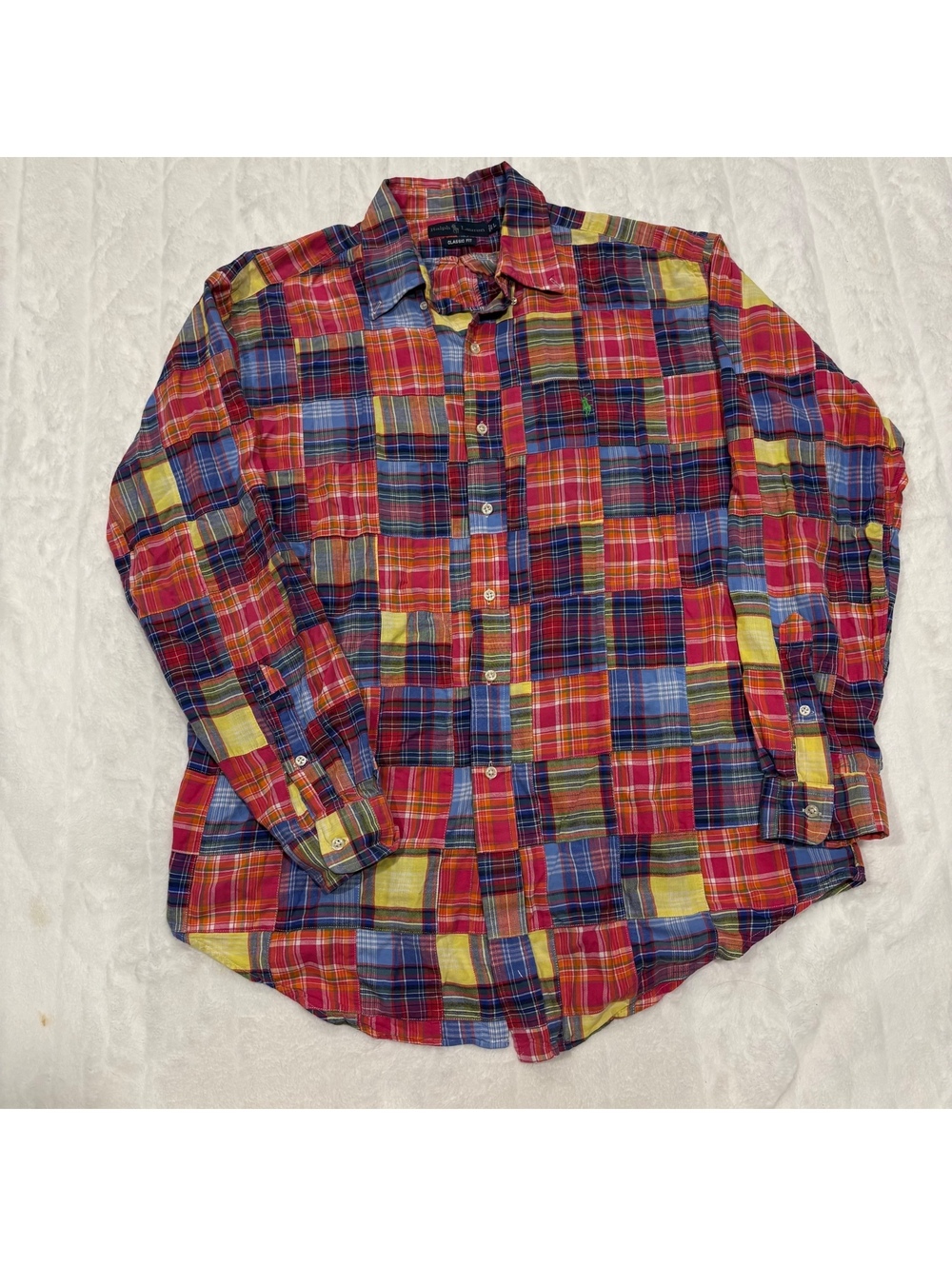 Ralph Lauren Grandpa Preppy Classic Fit Men's Large Cotton Patchwork Plaid Shirt